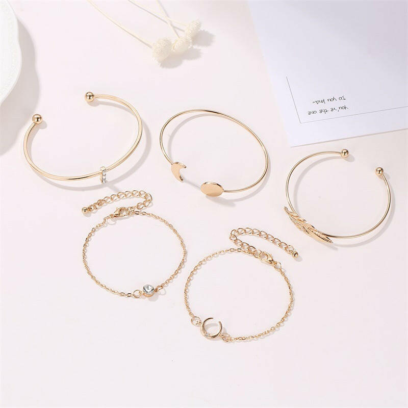 Five Piece Boho Punk Moon Leaf Crystal Bracelet Set