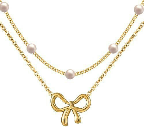 Women's Minimalist Pearl Bow Necklace - Elegant Fashion Jewelry Gold