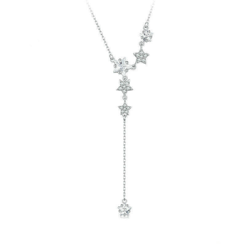 Sterling Silver Pentagram Tassel Necklace - White Gold Plated