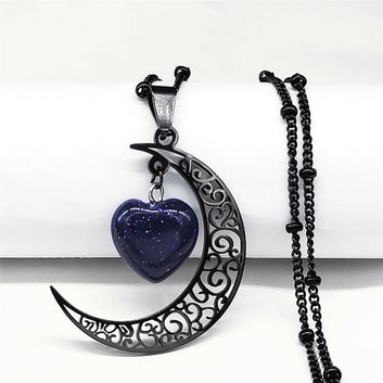 Vintage Moon Heart Necklace - Natural Stone & Stainless Steel