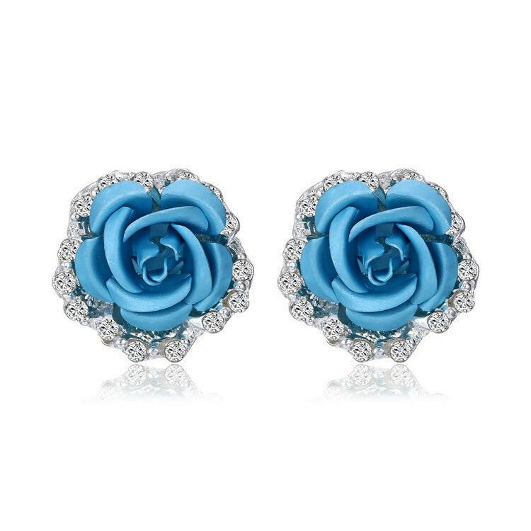 Wholesale Rose Flower Ear Clip Earrings Light Blue
