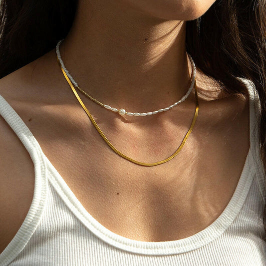 Double-Layer White Beaded Pearl Chain Necklace