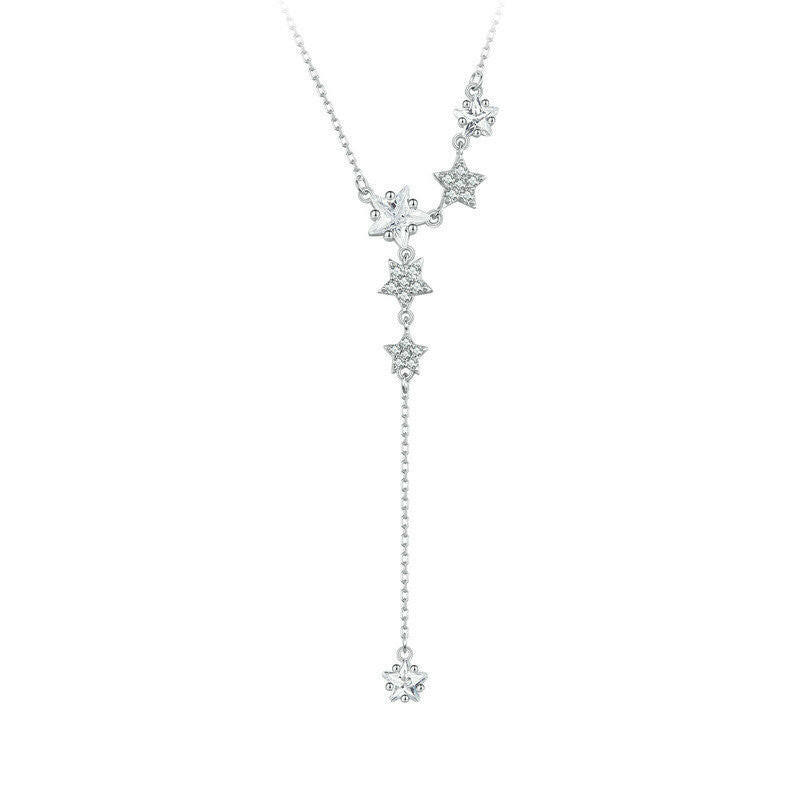 Sterling Silver Pentagram Tassel Necklace - White Gold Plated