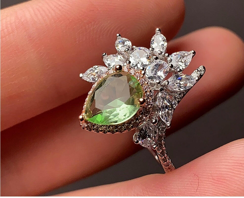 Jeweleze Leaf Design Silver Ring with Green Gemstone