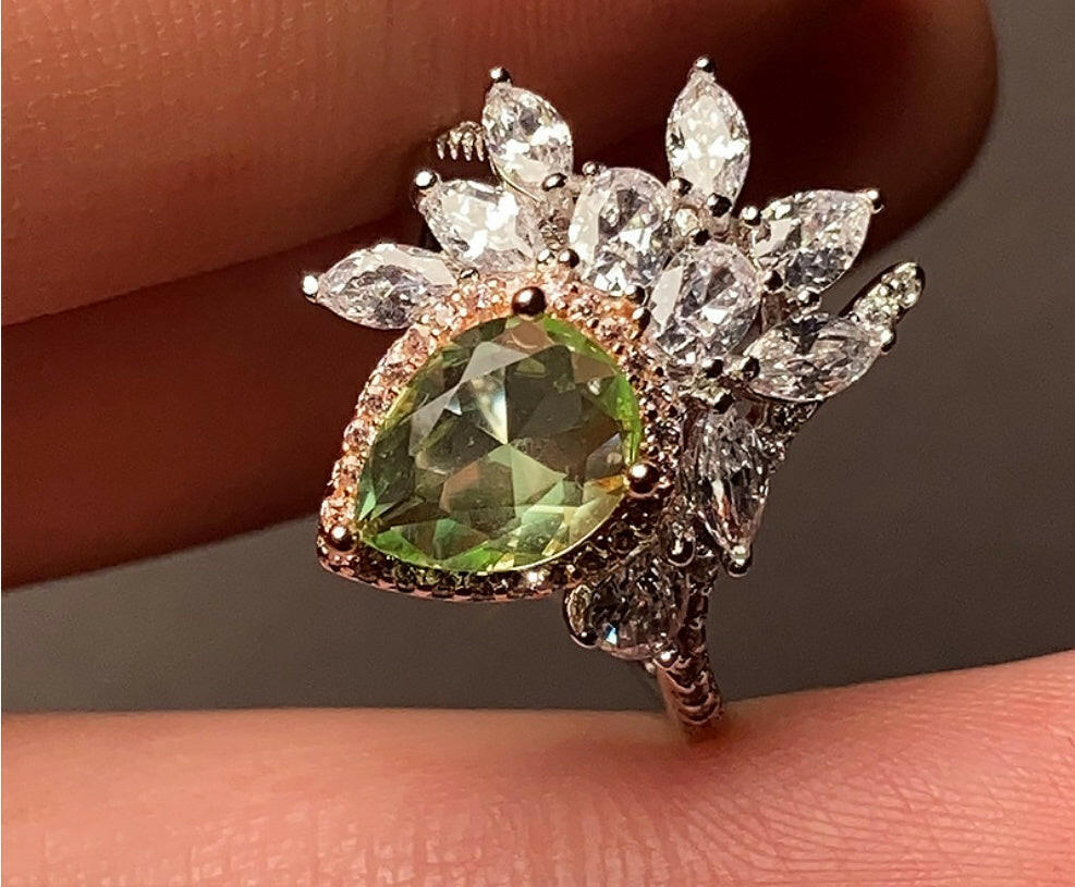 Jeweleze Leaf Design Silver Ring with Green Gemstone