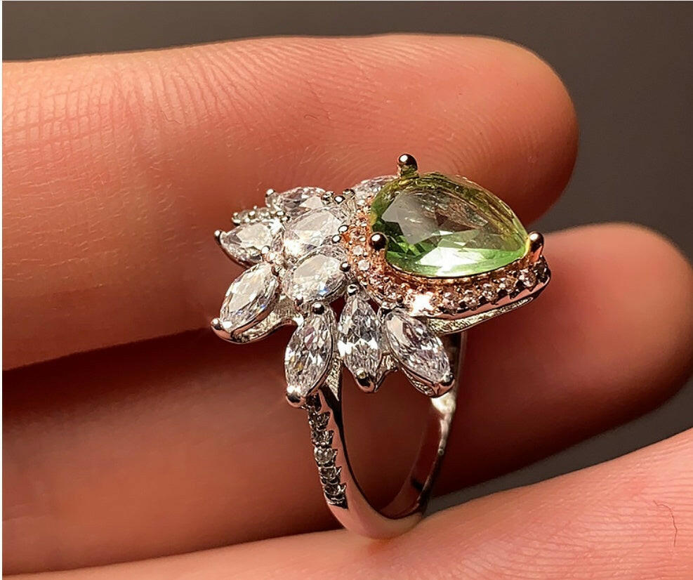 Jeweleze Leaf Design Silver Ring with Green Gemstone