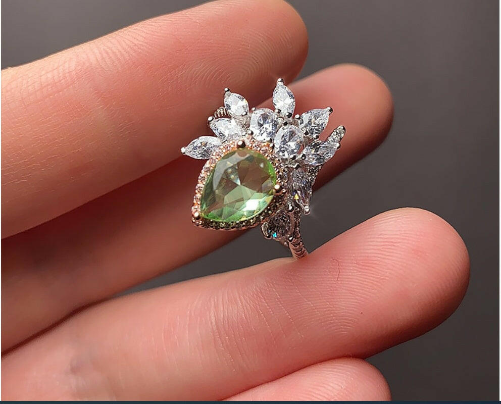 Jeweleze Leaf Design Silver Ring with Green Gemstone