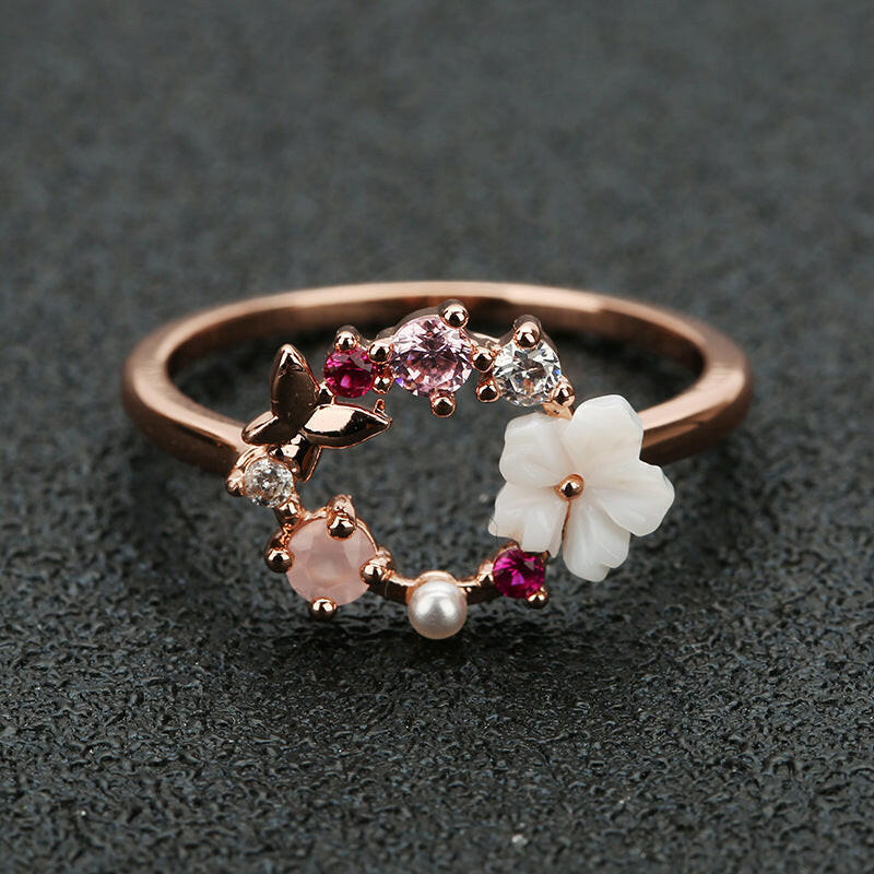 Jeweleze Elegant Floral Ring with Gemstone Accents Rose Gold